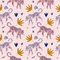 Fototapete Skandinavische Kindermuster Niedliche Tigerkatzen Kindermuster in Rosa  © Knstart Studio