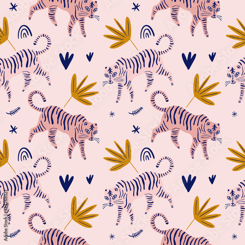 Cute tiger cat seamless pattern vector print, nursery illustration in scandinavian style, animal pink skin repeat design, kids wrapping paper