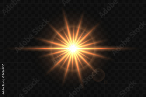 Shining sun flare isolated on dark transparent background. Lens flare, bokeh, shining star with rays concept. Glowing vector light effect.