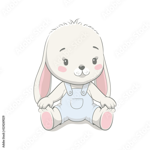 Cute baby bunny cartoon vector illustration. Illustration in hand drawing style for baby shower. Greeting card, party invitation, fashion clothes t-shirt print.