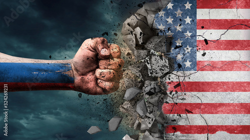 Canvas Print Fist breaking rock. Russia destroying USA