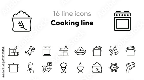 Cooking line icons. Set of line icons. Anise star, adding liquid, kitchen. Cookery concept. Vector illustration can be used for topics like food preparation, culinary art
