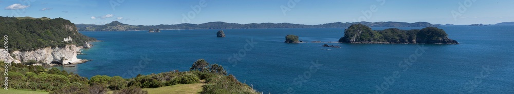 Hahei Cathedral Cove Coromendel. Coast and cliffs panorama Hahei Cathedral Cove Coromendel. Coast and cliffs panorama