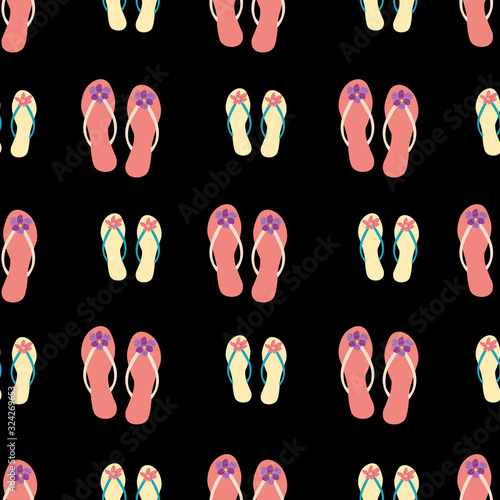 Pretty flip flop shoe seamless vector pattern background. Hand drawn pairs of girly sandals decorated with flowers Hot summer illustration all over print for tropical night on beach concept