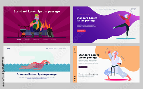 Senior people activity set. Man and woman camping, ice skating, swimming, martial arts. Flat vector illustrations. Age, active lifestyle concept for banner, website design or landing web page
