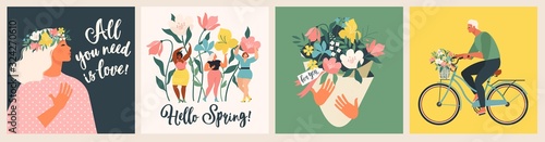 Happy Womens Day March 8! Cute cards and posters for the spring holiday. Vector illustration of a date, a woman and a bouquet of flowers!
