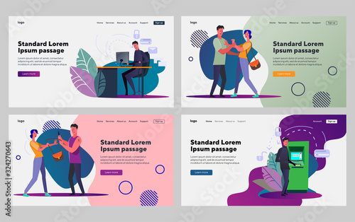 Male criminal set. Man stealing personal data, attacking woman. Flat vector illustrations. Crime, theft, violence concept for banner, website design or landing web page