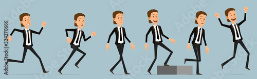 Cartoon funny cute business office boy character in black suit with tie. Ready for animations. Successful businessman walking to his goal. Isolated on blue background. Big vector icon set.