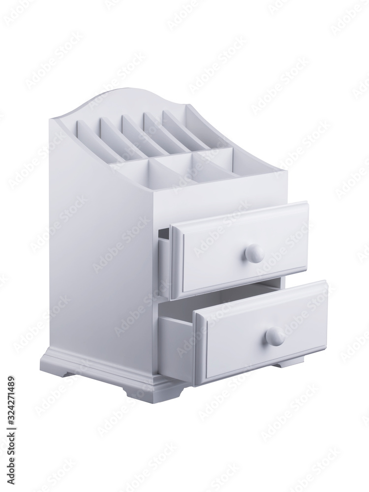 White wooden casket with shelves with drawers. A small cabinet for cosmetics. White wooden casket with shelves with drawers. A small cabinet for cosmetics.
