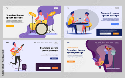Live music set. Musicians playing guitar, violin, drum, dating couple. Flat vector illustrations. Restaurant, concert, entertainment concept for banner, website design or landing web page