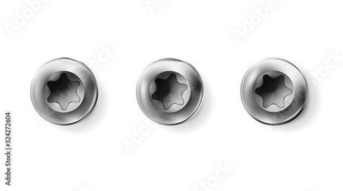 Set metal torx screw, bolt with a cylindrical head. Shiny cap twisted in surface isolated on white background. Macro chrome top view of wide a hat metalwares. Vector illustration.