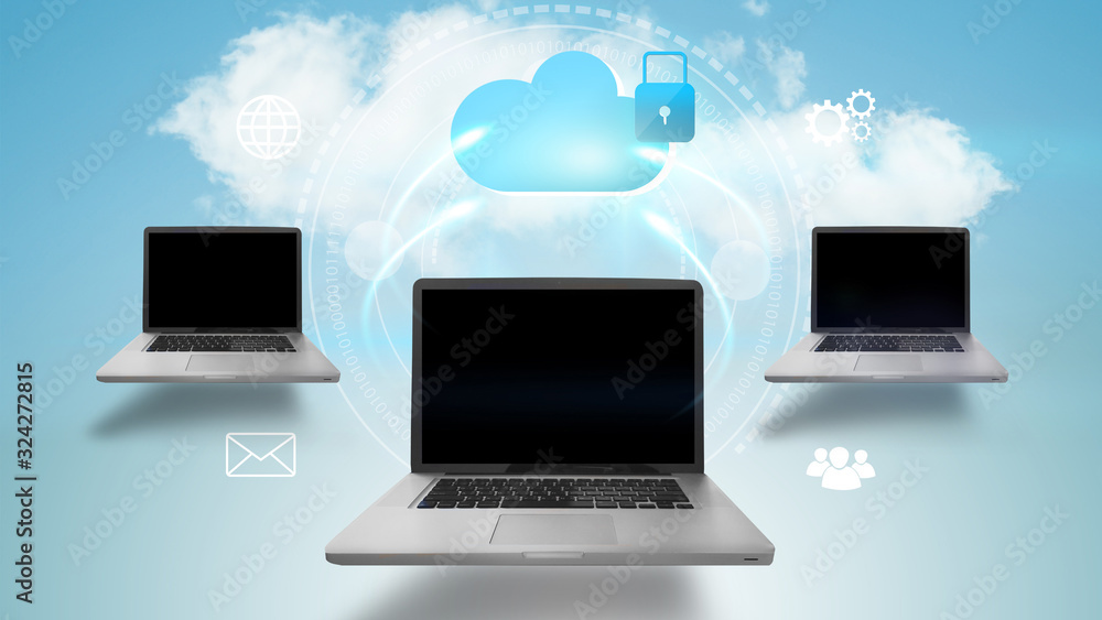 Laptop mock up and clouds decorations. Cloud computing technology concept. Laptop mock up and clouds decorations. Cloud computing technology concept.