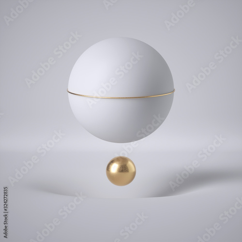 3d render, abstract white background, minimal design, clean style. Floating ball, levitating sphere, flying bubble. Gravity concept. Hole, dimple, pit. Empty template, copy space. Modern blank mockup