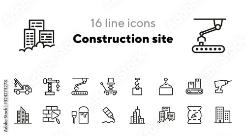 Construction site line icon set. Crane, drill, painting, brick work. Construction concept. Can be used for topics like building works, heavy machines, real estate development