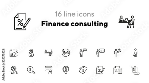Finance consulting line icon set. Presentation, credit card, advisor. Business concept. Can be used for topics like financial analytics, calculating, investment
