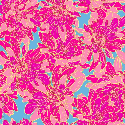 Chrysanthemum flowers pattern vector. Hand drawn botanical background illustration. Floral design print for textile.