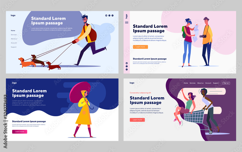 People outside set. Man with dog, woman in rain, tourists walking, shopping. Flat vector illustrations. Outdoor activities, city lifestyle concept for banner, website design or landing web page