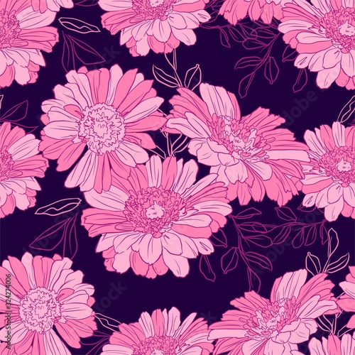 Pink Gerbera pattern. Ink flowers background. Seamless botanical illustration. Vector illustration. Design print for textile.