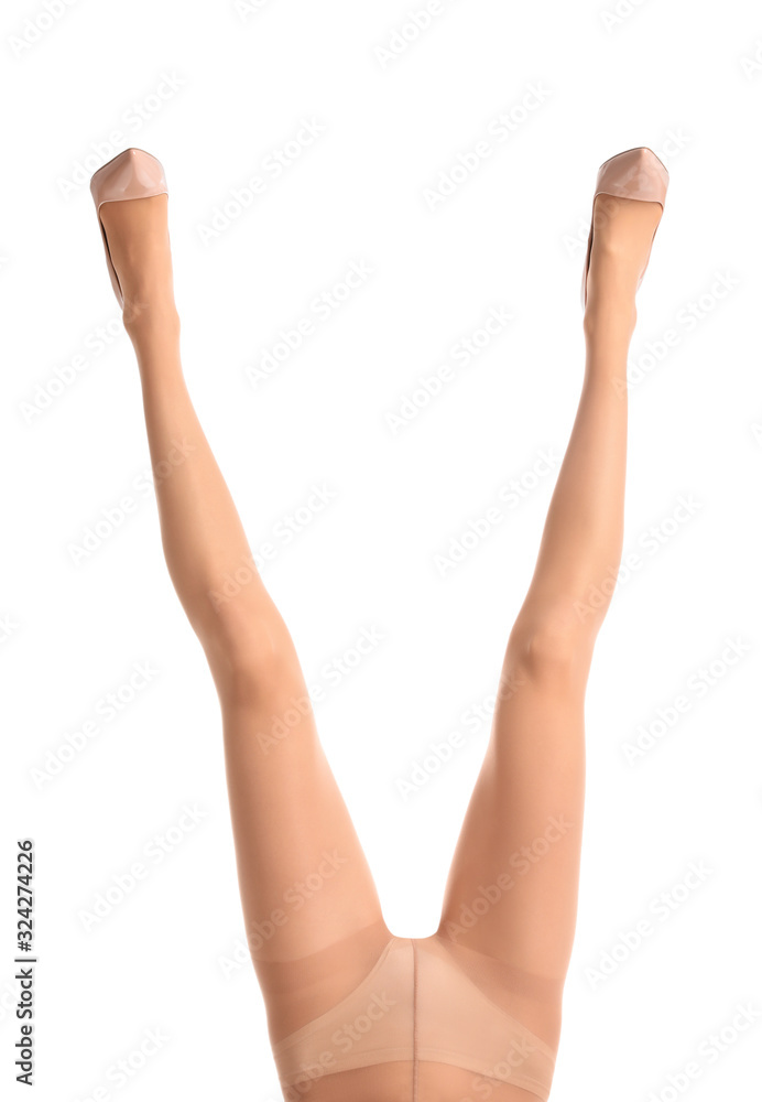 Woman wearing tights and stylish shoes isolated on white, closeup of legs Woman wearing tights and stylish shoes isolated on white, closeup of legs