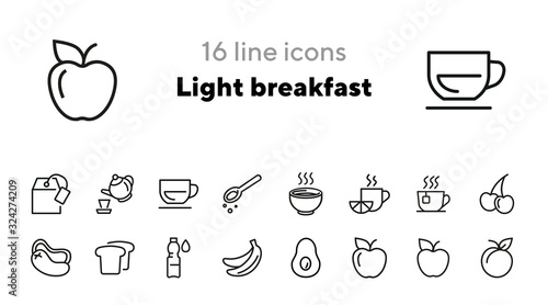 Light breakfast line icon set. Fruit, hot drink, toast, water. Food concept. Can be used for topics like tea break, healthy snack, menu
