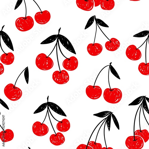Cherry on a white background. Sketch cherry background seamless pattern. Sweet cherry design for textiles.