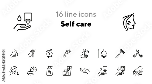 Self care line icon set. Shower, scissors, cream. Beauty care concept. Can be used for topics like hygiene, spa salon, daily routine