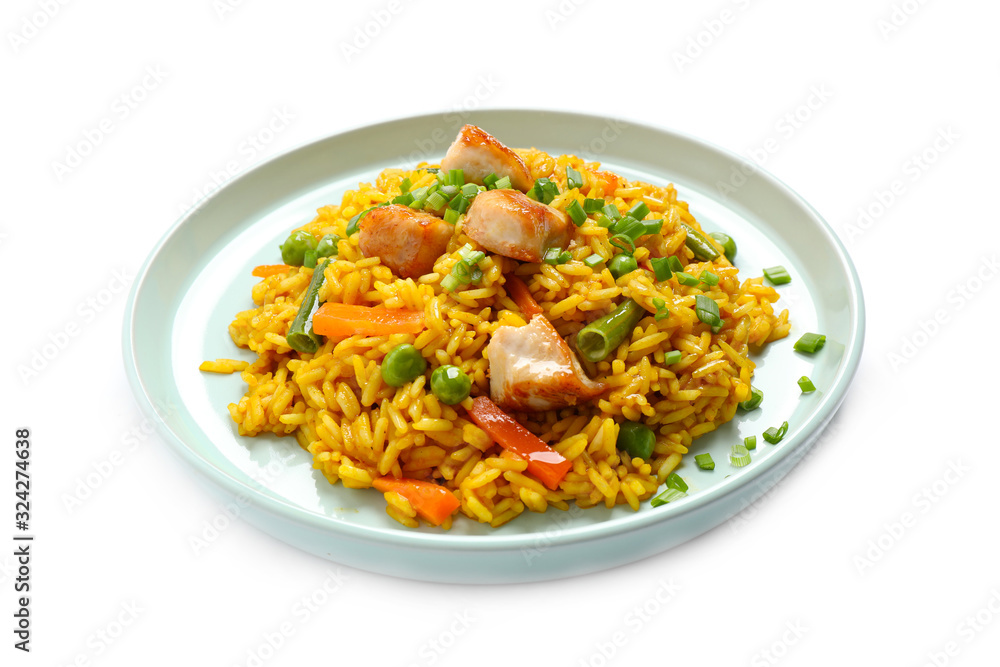 Delicious rice pilaf with chicken and vegetables isolated on white