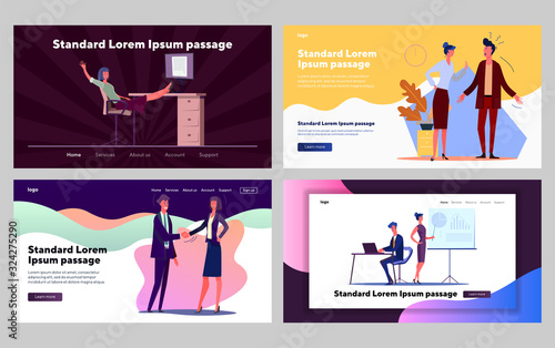 Corporate communication set. Lazy and hardworking managers working on projects. Flat vector illustrations. Business, efficiency concept for banner, website design or landing web page