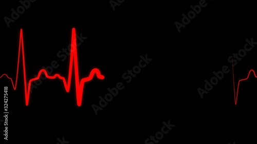 Heartbeat flatline electrocardiogram medical sceen, loop seamlessly heartbeat in a stressful situation, heart rate in quiescent state. Red heartbeat line on black background