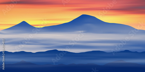 Fantasy on the theme of the mountain landscape. Mount Ararat at sunrise. Vector illustration, EPS10