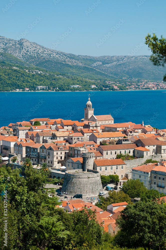 Elevated view of the Old Town, Korcula, Croatia