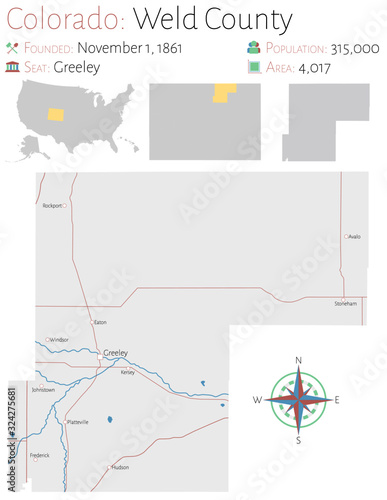 Large and detailed map of Weld county in Colorado, USA.
