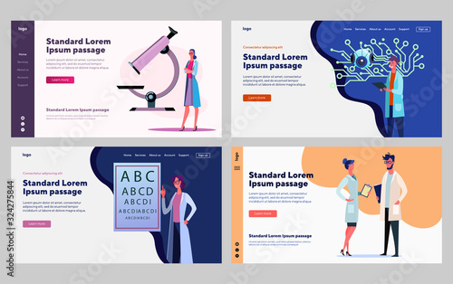 Medical professionals set. Doctor in laboratory, AI technology, examination. Flat vector illustrations. Occupation, medicine, healthcare concept for banner, website design or landing web page