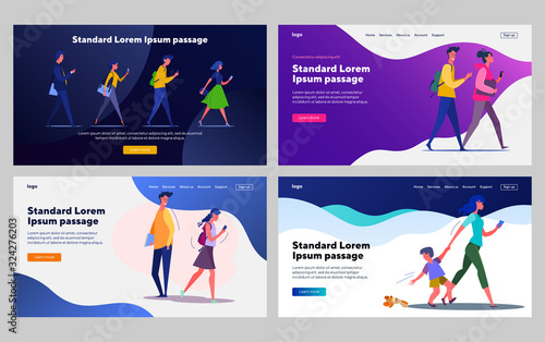 Walk with smartphone set. People using mobile phone on their ways. Flat vector illustrations. Communication, internet addiction, social media concept for banner, website design or landing web page