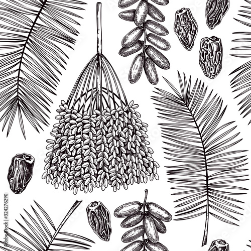 Hand drawn dates leaves, fresh and dried fruits, palm sketches seamless pattern. Dehydrated fruit in engraved style background. Realistic oriental sweets vector illustration. 