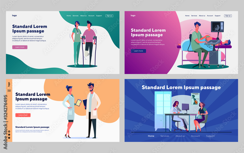 Medical support and consultation set. First aid station, ultrasound scan, doctor office. Flat vector illustrations. Help, healthcare, examination concept for banner, website design or landing web page