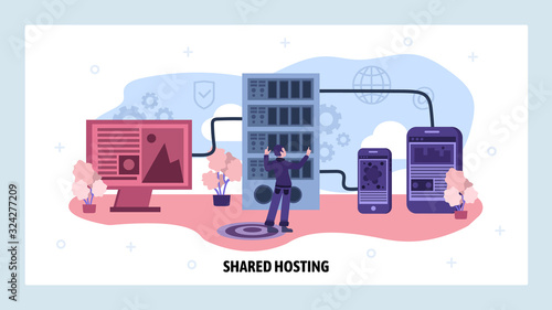 Data center and web hosting concept. Engineer install server software. Cloud data storage. Vector web site design template. Landing page website concept illustration