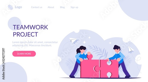 Teamwork concept. People work together. Achieving the goal together. Combining the figurines of the puzzle into a common detail. Landing web page template.