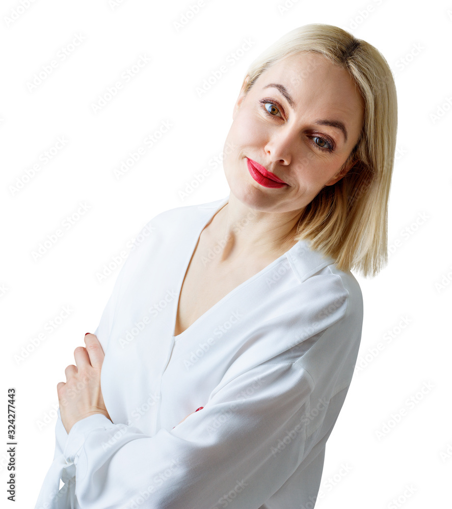 Portrait of beautiful adult woman in white blouse. Portrait of beautiful adult woman in white blouse.