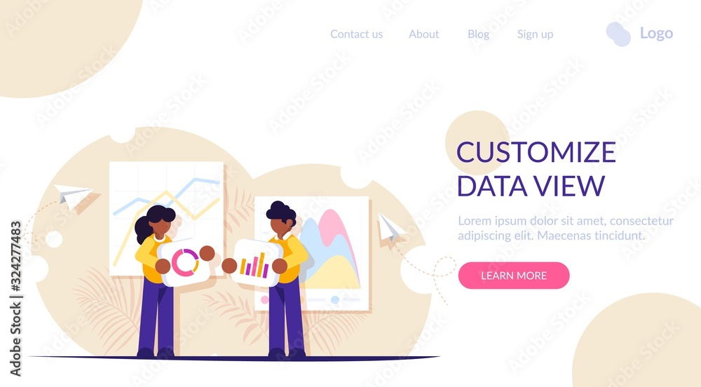 People build a dashboard and interact with graphs. Offer to choose the best way to display information. Data analysis, and office situations. Landing web page template. People build a dashboard and interact with graphs. Offer to choose the best way to display information. Data analysis, and office situations. Landing web page template.