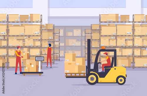 Vector of a warehouse with boxes and employees working