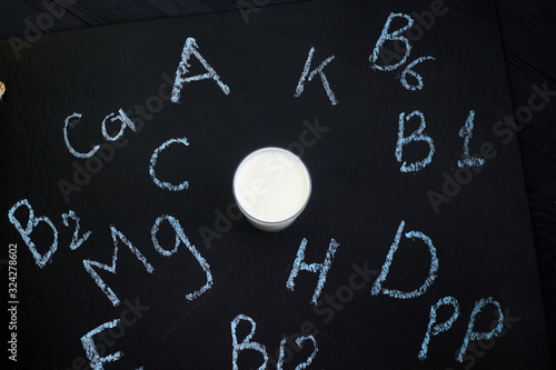 List of vitamins in milk. A glass with white liquid and the written name Vitamin on a black background.