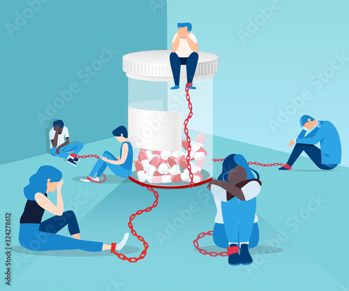 Vector of people opioid addicts chained to the bottle of painkiller pills photo