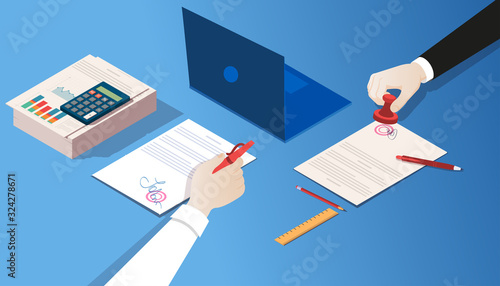 Vector of a notary and businessman certifying legal documents by signature and seal stamp