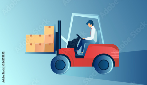 Vector of men forklift oeprator loading boxes
