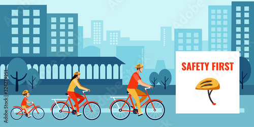 Vector of a family riding bikes wearing a safety helmets