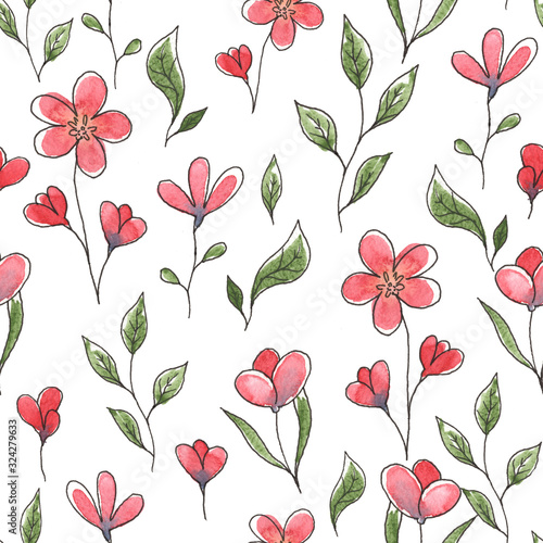Wallpaper Mural Watercolor seamless pattern with hand drawn red flowers and green leaves Torontodigital.ca