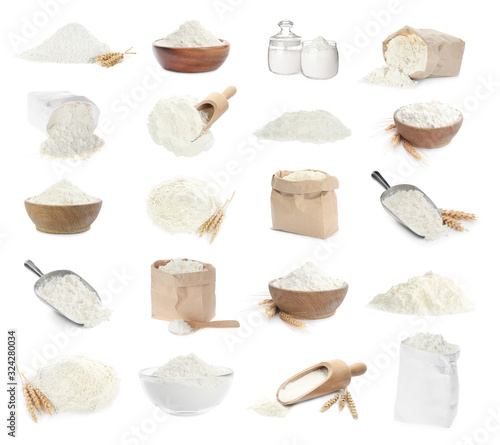 Photo Set of organic flour on white background