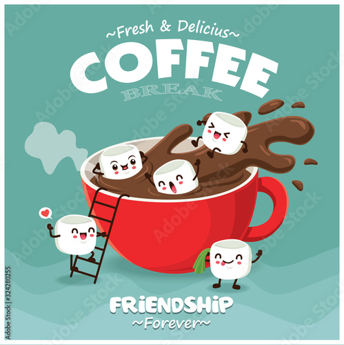 Vintage food poster design with vector coffee with marshmallows characters.
