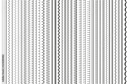 Sewing stitches. Vector. Embroidery and sew seamless pattern. Set of machine thread seam brushes. Overlock zigzag elements. Line border isolated on white background. Simple illustration. photo